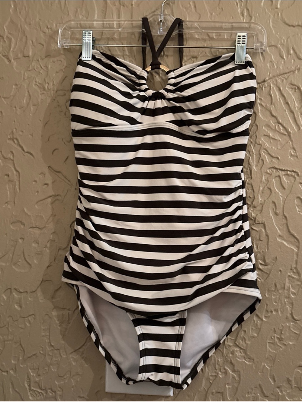 Michael Kors Black and White Striped One-Piece Swimsuit with Halter Ring